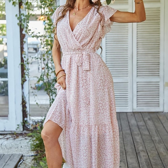 Pink and white V neck maxi dress - Picture 2 of 7